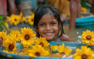 bambino indiano sorridente in una vasca con i girasoli