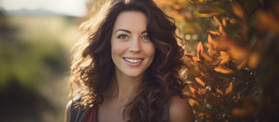 Fototapeta premium A happy woman with long, layered brown hair and ringlet curls is smiling in front of a tree at a fun outdoor event, surrounded by lush green grass