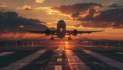 Fotobehang A large jet plane takes off or lands from an airport runway at sunset © AhmadTriwahyuutomo