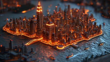 A city is lit up with lights and a river, AI