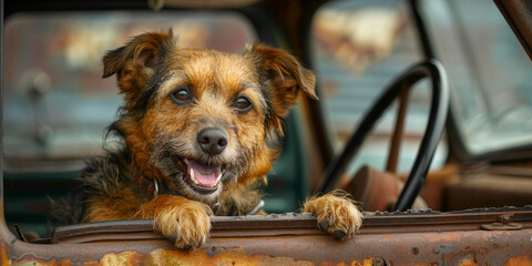 A mixed breed dog lounging on an old truck. Generative AI. - obrazy, fototapety, plakaty