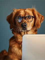 Intelligent dog wearing glasses and looking over a laptop. Perfect for work from home and pet lovers themes. Generative AI.