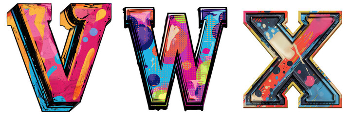 Letters V W X in Pop Art Style Isolated on Transparent or White Background, PNG