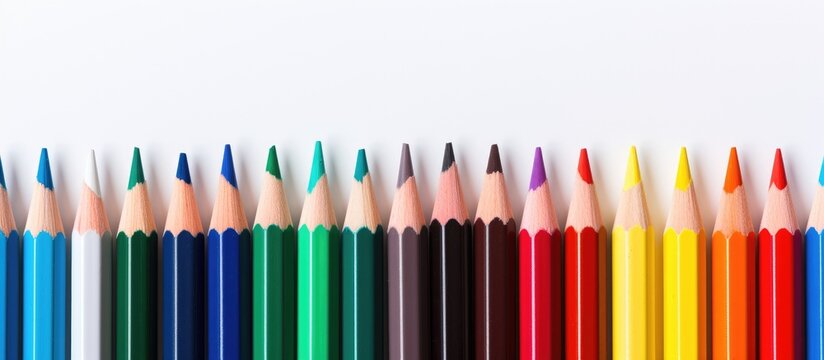 A row of writing implements, in various shades including magenta, lined up on a white background. These stationery office supplies are perfect for adding color to your writing