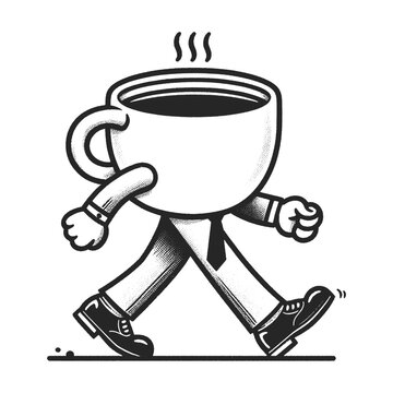 cartoon playful cute coffee cup character smiling face, walking on his feet sketch engraving generative ai vector illustration. Scratch board imitation. Black and white image.