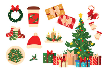 Set of New Year's holiday elements in cartoon style.Vector illustration of a Christmas tree decorated with toys,gifts,wreath, gingerbread cookies,candles, Christmas sock, hot drink, gloves, lollipops.