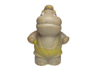 squeaker toy for children. vintage rubber hippo in sleeveless jumpsuit with short pants and newsboy...