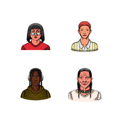 Human Avatars Collection. Faces of people. Characters set. Happy emotions. Portrait for social media, website. Men and women, grandparents and girls. Hand drawn doodle sketch. - 756010524