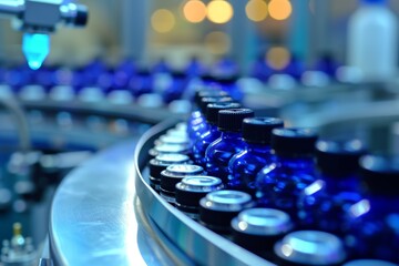 bottles of medicine on a conveyor belt in a pharmaceutical factory - obrazy, fototapety, plakaty