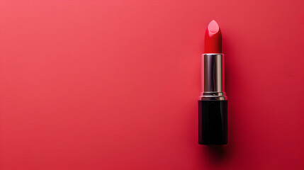 open red lipstick on side of pastel colored light red background with copy space