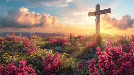 A cross on top of a hill surrounded by flowers, AI - obrazy, fototapety, plakaty