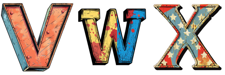 Letters V, W, X in Comic Book Style Isolated on Transparent or White Background, PNG - obrazy, fototapety, plakaty