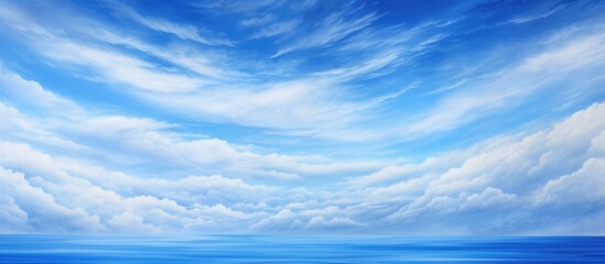 A serene natural landscape featuring a blue sky with fluffy white cumulus clouds floating over a body of liquid water, creating a peaceful and tranquil scene