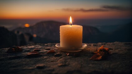 Burning candle on natural background, candles in the night. - obrazy, fototapety, plakaty