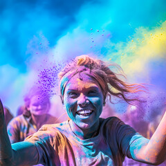 A group of people with raised hands and in colored spray