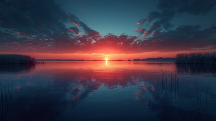 A sunset over a calm body of water with grasses and trees, AI