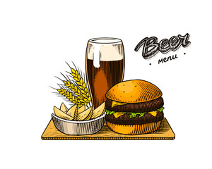 Combo set of fast food and beer for bar menu. Burger or sandwich and drink and fries and wheat. American banner or poster. Party and holiday. Hand drawn engraved sketch for web, pub menu.