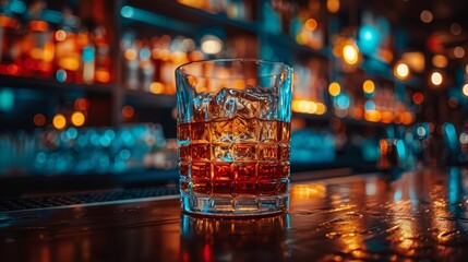 A glass of alcohol sits on a bar with ice cubes, AI