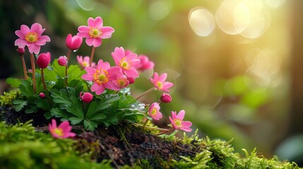 A bunch of pink flowers are growing on a moss covered rock, AI - Powered by Adobe