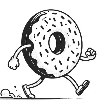recommend clip art: cartoon doughnut donut character with arms and legs in motion, running walking on his feet sketch engraving generative ai vector illustration. Scratch board imitation. Black and white image.
