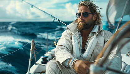Portrait of bearded brutal handsome tanned yacht owner in fancy sunglasses on luxury vessel deck...