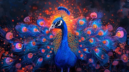 Vibrant colorful peacock with bright open tail. Concept of wildlife beauty, ornithology, bird watching, exotic fauna. Dark background. DMT art style illustration of a peacock