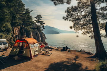 Camp by the sea and in the mountains. Cozy tent in nature. Hippie lifestyle. Generative AI tools - obrazy, fototapety, plakaty