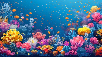 Fototapeta na wymiar Colorful bright underwater coral landscape. Vibrant coral reef in ocean waters. Artwork. Concept of marine life, underwater biodiversity, tropical ecosystem, and natural aquarium. Digital illustration
