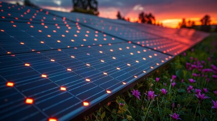 A row of solar panels with lights on them in the sunset, AI