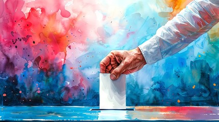 Watercolor illustration of male hand placing ballot into a voting box. Man voting. Voter. Concept of presidential elections, democracy, civic duty, political process, freedom, artwork. Aquarelle - obrazy, fototapety, plakaty