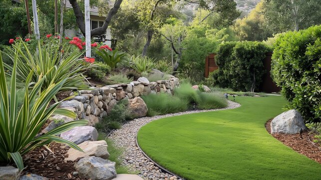 A well-maintained lush green lawn with rocks and plants surrounding it in a garden