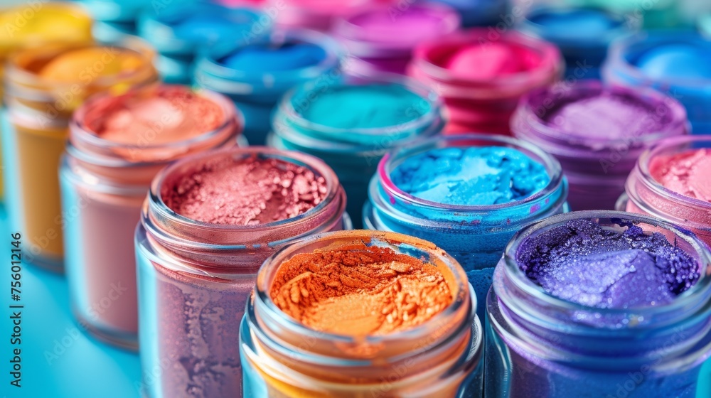 Canvas Prints A close up of a row of jars filled with colored paint, AI