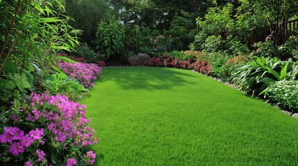 A lush green lawn is surrounded by vibrant purple flowers in full bloom, creating a colorful and eye-catching garden scene.