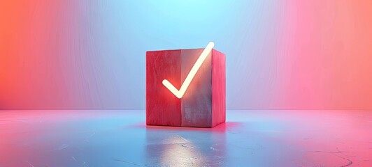 Glowing checkmark on a red cube, pastel blue red tones. Voting tick. Concept of positive response, agreeable choice, soft aesthetics, voting, election decisions, political choices, approval, selection - obrazy, fototapety, plakaty