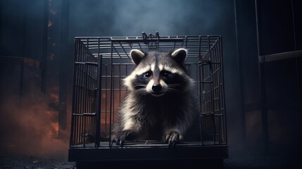 Raccoon locked in cage. Lonely raccoon in captivity behind a fence with sad look. Concept of animal rights, wildlife conservation, captivity stress, endangered species, and conditions of zoos