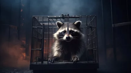 Foto op Plexiglas Raccoon locked in cage. Lonely raccoon in captivity behind a fence with sad look. Concept of animal rights, wildlife conservation, captivity stress, endangered species, and conditions of zoos © Jafree