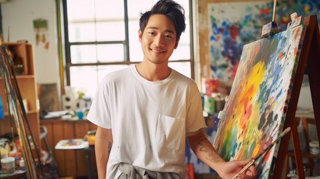 Young smiling Asian man artist next to his artwork in art studio. Concept of artistic talent, fine arts, creative process, interesting hobby, exciting leisure time, oil painting