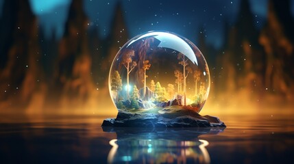 Dreamy floating island in a crystal sphere vibrant firefly glows