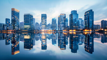 Fototapeta na wymiar Metropolis Majesty: Panoramic Perspective of Urban Construction and Futuristic Skyscrapers lake bank long exposure. Cityscapes of Tomorrow: Exploring the Modern Architecture Financial Hub at Twilight