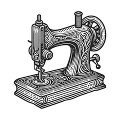 classic vintage sewing machine, perfect for tailoring and craftsmanship themes sketch engraving generative ai vector illustration. Scratch board imitation. Black and white image.