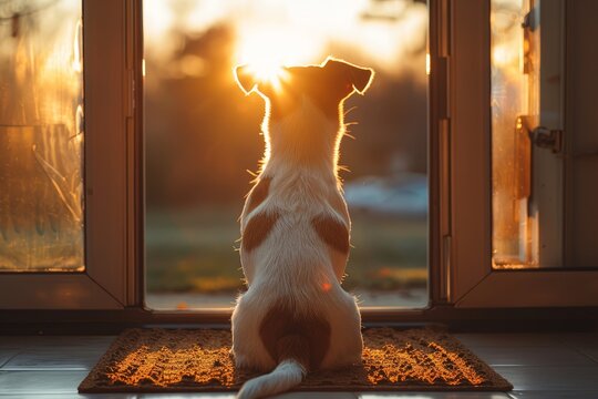 A Jack Russell Terrier dog sitting on the doormat at the front door, looking outside the home entrance with a back view in the style of sunset light.