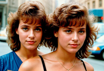 Retro Glamour: Twin Sisters Strike a Pose in 80s-Inspired Close-Up Portrait - obrazy, fototapety, plakaty