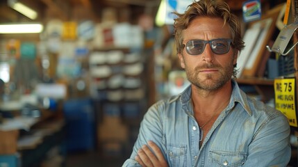 Obraz premium A man with sunglasses and a beard standing in front of shelves, AI