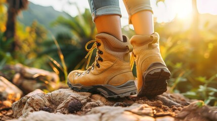 A person wearing hiking boots standing on a rock in the woods, AI