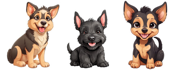 Trio of charming and playful fluffy doggies with adorable expressions, isolated on transparent background