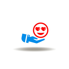 Vector illustration of hand hold smile face with eye hearts. Icon of NPS Net Promoter Score. Symbol of love. Sign of feedback, assessment, satisfaction.