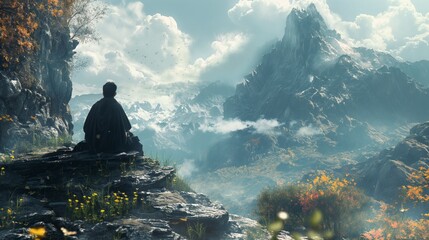 A man sits on a mountain peak overlooking a lush forest.