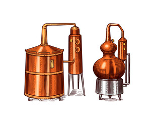 Distilled alcohol. Device for preparing tequila, cognac and spirits. Engraved hand drawn vintage sketch. Woodcut style. Vector illustration for menu or poster.