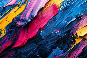 Abstract colorful brush strokes, acrylic paint, vibrant colors, energetic composition, closeup shot, high resolution, textured surface