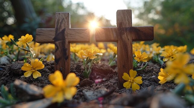Two wooden crosses in a field of yellow flowers, AI